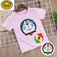 G.DUCKKIDS女童短袖t恤夏裝純棉兒童亮片草莓卡通男童西瓜上衣變色翻轉衣服 粉色機器貓變色短袖 亮片翻轉T恤 110碼建議身高100-110CM 偏小半