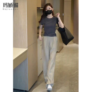 瑪嬌媚（Majiaomei）休閑褲女裝套裝2025年新款夏裝搭配通勤運(yùn)動今年流行闊腿褲子女潮 灰色上衣+卡其色褲子 L