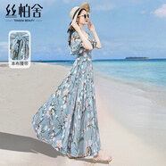 絲柏舍沙灘風(fēng)連衣裙2024夏裝V領(lǐng)優(yōu)雅花色顯瘦大擺裙