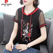 皮爾卡丹純棉連帽t恤女短袖寬松上衣夏裝2025新款胖mm洋氣女士半袖體恤潮 黑色 L