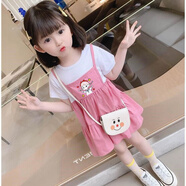 沁悅女童假兩件連衣裙夏季女寶寶可愛(ài)公主裙洋氣兒童卡通短袖中長(cháng)裙棉 401粉色小女孩 110