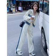 宏資琦休閑褲女裝2025春秋新款減齡開衫衣服時(shí)尚拼接牛仔休閑運(yùn)動(dòng)套裝女 白色 2XL