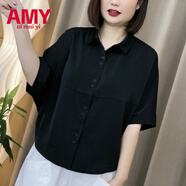 愛(ài)麥依夏季新款百搭洋氣短袖襯衫寬松顯瘦休閑薄款上衣簡(jiǎn)約時(shí)尚蝙蝠衫女 黑色 XL 120-135斤