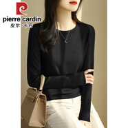 皮爾卡丹（pierre cardin）紫色圓領五分袖冰絲針織衫毛衣女春秋季新款正肩中袖打底上衣薄 2024黑色長袖2025 S 【建議80-100斤】