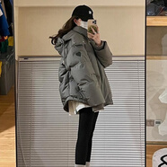 鏡莎羽棉襖絨服女冬季23新款連帽寬松棉衣加厚面包服外套秋冬款女 灰色 L碼【建議110-125斤】
