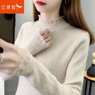 紅蜻蜓針織衫女春韓版新款女裝打底毛衣半高領(lǐng)修身蕾絲拼接女士線衣女 米色 均碼 （適合80-130斤）