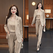 香芙曼時尚西裝套裝女2024秋新款洋氣減齡長袖西服吊帶背心直筒褲三件套 香檳色 【三件套】 S【推薦85-100斤】