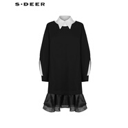 S.DEER圣迪奧女裝撞色假兩件歐根紗拼接連衣裙S241Z1222 黑色/91 L/170