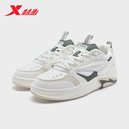 特步（XTEP）花火板鞋男2024春季新款厚底增高休閑鞋復古潮流運動(dòng)鞋 帆白/冷杉綠/茶白色 44
