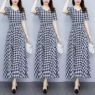 藍駿啟格子雪紡連衣裙長款2025夏季大碼胖mm收腰顯瘦遮肚子長裙 黑色 2XL 【125 - 135斤】