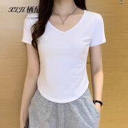 棲紀白色t恤女短袖2025新款v領不規(guī)則弧形下擺緊身正肩體恤純棉上衣夏 白色 M