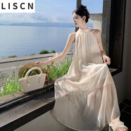 LISCN掛脖連衣裙蝴蝶結(jié)暈染無(wú)袖仙女裙海邊度假長(zhǎng)裙法式氣質(zhì)高級(jí)感長(zhǎng)裙 暈染花色 L