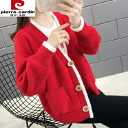 皮爾卡丹（pierre cardin）雪尼爾毛衣女寬松韓版2025新款時(shí)尚慵懶風(fēng)針織開(kāi)衫短款加厚外套女 紅色 S