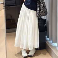 美洋（MEIYANG）玉芙半裙棉麻混紡垂墜飄逸松緊腰荷葉邊仙女白裙子高腰氣質(zhì)半身裙 米白色（短版） M