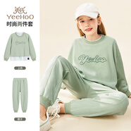 英氏（YEEHOO）女童套裝兒童衛(wèi)衣衛(wèi)褲華夫格女孩運動休閑秋裝中大童時尚秋季新款 假兩件立體字母綠色 120