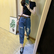 EINDKAD破洞牛仔褲女夏歐洲站薄款2025年復古高腰寬松顯瘦直筒乞丐九分褲 藍色配腰帶 S 建議80-95斤