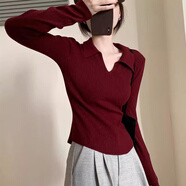 宜惜綺 polo領(lǐng)針織衫女2025春秋新款內(nèi)搭性感毛衣修身顯瘦V領(lǐng)長(zhǎng)袖上衣 紅色 均碼