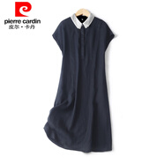 皮爾卡丹（pierre cardin）亞麻連衣裙女寬松韓版高端薄款夏季文藝棉麻短袖顯瘦娃娃領(lǐng)中長(zhǎng)裙 藏青 M 【95-120斤】