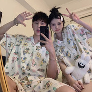 睡衣情侶裝一男女短款買(mǎi)一加一2024年新款情侶男女春夏季冰絲短袖 女M+男L 均碼 【短袖+短褲】?jì)商缀＞d寶寶