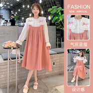 婧麒孕婦連衣裙春秋款孕婦裝襯衫上衣背帶裙子中長(cháng)款孕婦裝夏季套裝 秋款-粉色套裝Jly48123 L