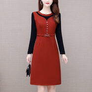 賢語(yǔ)薄款/加絨2021秋冬新款長(cháng)袖連衣裙修身打底裙遮肚顯瘦a字裙女 009焦糖色【不加絨】 XL 建議125斤-135斤