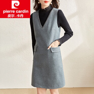 皮爾卡丹（pierre cardin）2025冬季新款復(fù)古V領(lǐng)無袖收腰毛呢連衣裙女顯瘦呢子背心裙女裝冬 灰藍(lán)綠 S