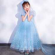 憶愛(ài)冰雪奇緣愛(ài)莎公主裙春秋六一兒童節演出服艾莎表演服女孩連衣裙夏 蝴蝶泡泡袖+披紗 110 cm（建議100-110cm）