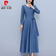 皮爾卡丹春秋季2025年新款女裝棉麻連衣裙子長(cháng)袖a字中長(cháng)修身收腰顯瘦氣質(zhì) 牛仔藍 XL