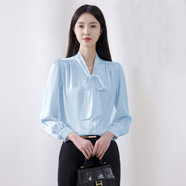 羅蒙（ROMON）蝴蝶結白色雪紡襯衫女長(cháng)袖職業(yè)時(shí)尚正裝面試飄帶系帶工作服ol襯衣 藍色-長(cháng) 5XL/42（155-165斤）