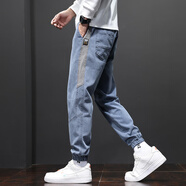 杰柏度工裝休閑褲男士牛仔褲男束腳春夏款寬松彈力大碼修身九分青年長(cháng)褲 2075藍色常規 4XL 體重180-195斤