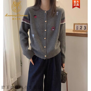 鹿王戀雪歐洲站2023冬季圣誕風(fēng)圓子條紋拼色單排扣減齡蜜熊絨毛衣開衫 灰色 XL 【110-125斤】