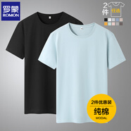 羅蒙（ROMON）兩件裝男士純棉短袖t恤夏季圓領(lǐng)白體恤T純色上衣服打底衫男裝 【黑色+灰藍(lán)】 M /170(推薦體重95-125斤）