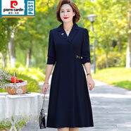 皮爾卡丹（pierre cardin）媽媽結(jié)婚禮服連衣裙長袖2024春裝新款喜婆婆婚宴裝裙子中老年女裝 藏青色 2XL 【110-125斤】