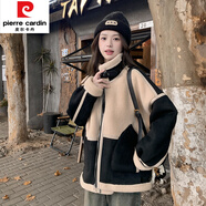 皮爾卡丹皮毛一體羊羔毛厚外套女2025新款秋冬加絨短款鹿皮絨機(jī)車(chē)棉服 黑色 XS