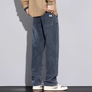 GPEJ牛仔褲男加絨加厚冬季寬松直筒男褲2025秋冬款藍灰闊腿長褲子男款 092藍灰 34