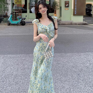 妙奕嘉法式碎花吊帶連衣裙女純欲裙子夏天新款顯瘦收腰長裙氣質(zhì)沙灘裙 胸前交叉荷葉邊吊帶連衣裙 XL 【建議140斤以內(nèi)】