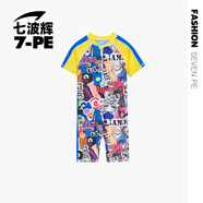 七波輝（7-PE）兒童連體泳衣男童運(yùn)動(dòng)套裝2024年夏季新款潮流卡通印花泳裝 新彩蘭 110cm