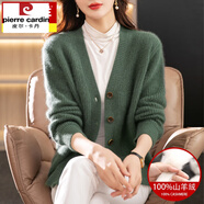 皮爾卡丹（pierre cardin）針織衫羊絨衫女100純山羊絨高品質(zhì)單排扣針織開(kāi)衫寬松毛衣外套厚 綠色 L