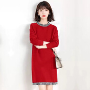 卡思彤（Cosstot）本命年龍年女針織連衣裙女冬季新款直筒毛衣裙法式寬松秋冬裙子 大紅色 L
