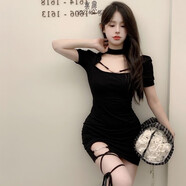 里農(nóng)綁帶辣妹連衣裙女2024春夏新款蹦迪純欲掛脖短袖包臀裙小個(gè)子短裙 黑色 原版高質(zhì)量 L（建議100-115斤）
