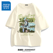 真維斯（Jeanswest）半袖男夏季大碼男士衣服男生純棉休閑短袖體恤胖子寬松男裝白t恤 淺米(大微風(fēng)吹拂) 4XL (建議205斤-230斤左右)