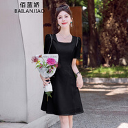 佰藍(lán)嬌法式泡泡袖連衣裙2024夏季新款時(shí)尚氣質(zhì)收腰顯瘦小香風(fēng)中款a字裙 黑色 M