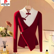 皮爾卡丹（pierre cardin）新中式圣誕穿搭紅色假兩件針織衫女裝秋冬新款開(kāi)衫毛衣中國風(fēng) 紅色毛衣 L 贈送運費險100-115斤
