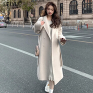 蕾遇高端品牌 雙面羊絨毛呢大衣女 春季新款韓版寬松中長款系帶外套 燕麥色 L
