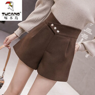 啄木鳥(niǎo)加厚毛呢短褲女秋冬季2025新款外穿松緊高腰顯瘦百搭闊腿打底靴褲 6106卡其 XL 【115-130斤】