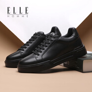 ELLEHOMME男鞋休閑板鞋男透氣百搭頭層牛皮小黑鞋系列新款休閑皮鞋 亮面黑HKD02235420 38