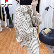 皮爾卡丹純棉秋裝蝙蝠袖條紋長(cháng)袖襯衫女2025韓系寬松減齡上衣復古翻領(lǐng)襯衫 米杏條紋 純棉 M 110-125