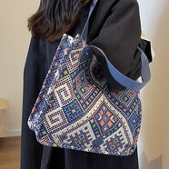 QUEEN TRIP女神節民族風(fēng)包包2024網(wǎng)紅帆布包手工編織托特包女ins單肩手提包 藍色大號