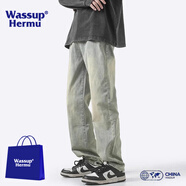 WASSUP HERMU官方牛仔褲男春夏季復古美式潮牌黃泥染直筒褲水洗做舊休閑長(cháng)褲子 泥黃色（款） 常規 2XL（推薦155-175斤）