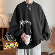 NEW OR MODE美式高街衛(wèi)衣男重磅春秋季圓領(lǐng)潮牌oversize無帽上衣慵懶寬松外套 黑色加絨 XL